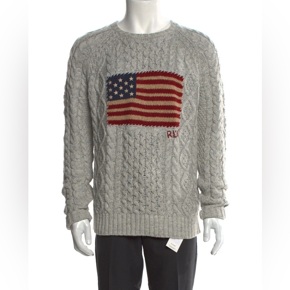 Polo by Ralph Lauren Gray Cable Knit Sweater with Flag